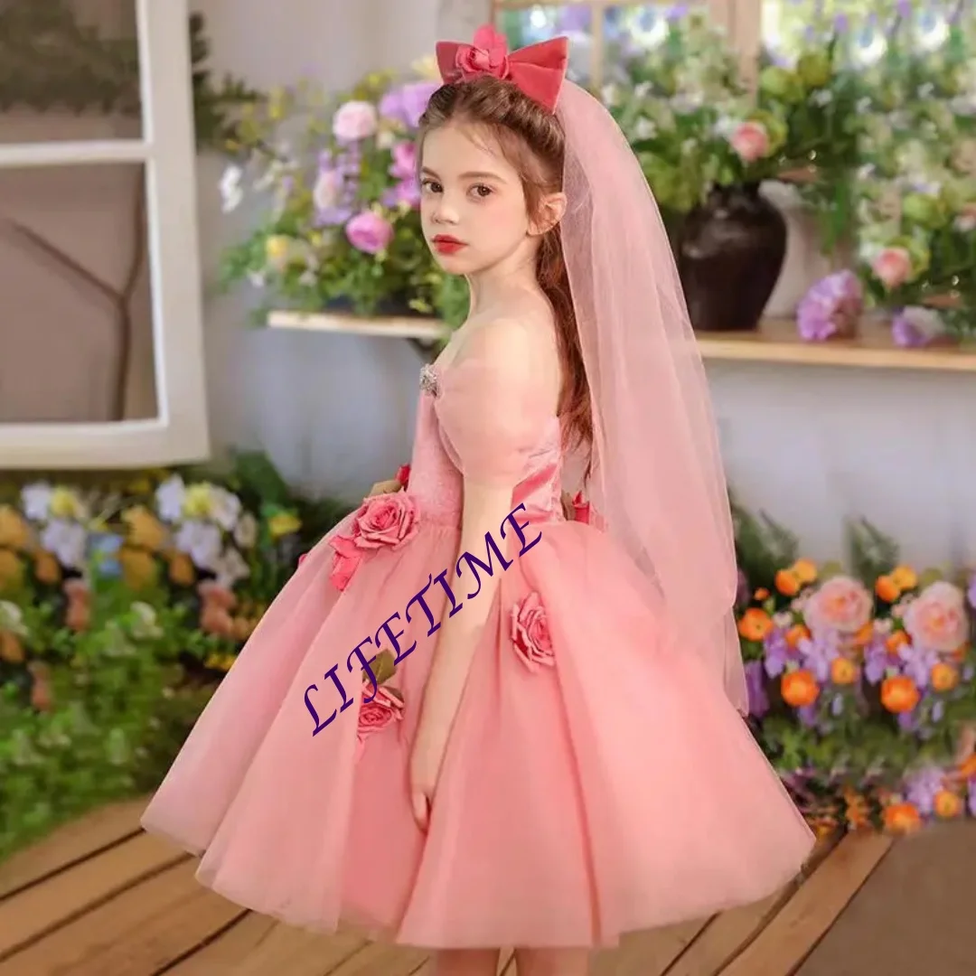 الوردي بلا أكمام زهرة فتاة فستان طول الركبة الزهور الدانتيل الأميرة الاطفال حفل زفاف عيد ميلاد عطلة فستان حفلات مخصص