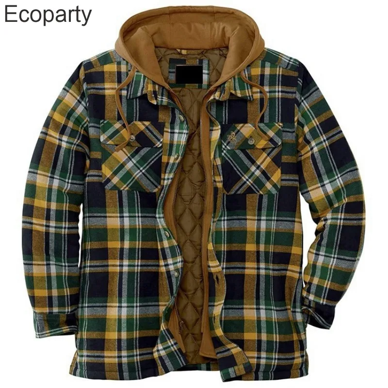 Men Winter Jackets Harajuku Plaid Shirts Coats Hooded Zipper Long Sleeve Basic Casual Shirts Jackets European Style Size S-5XL