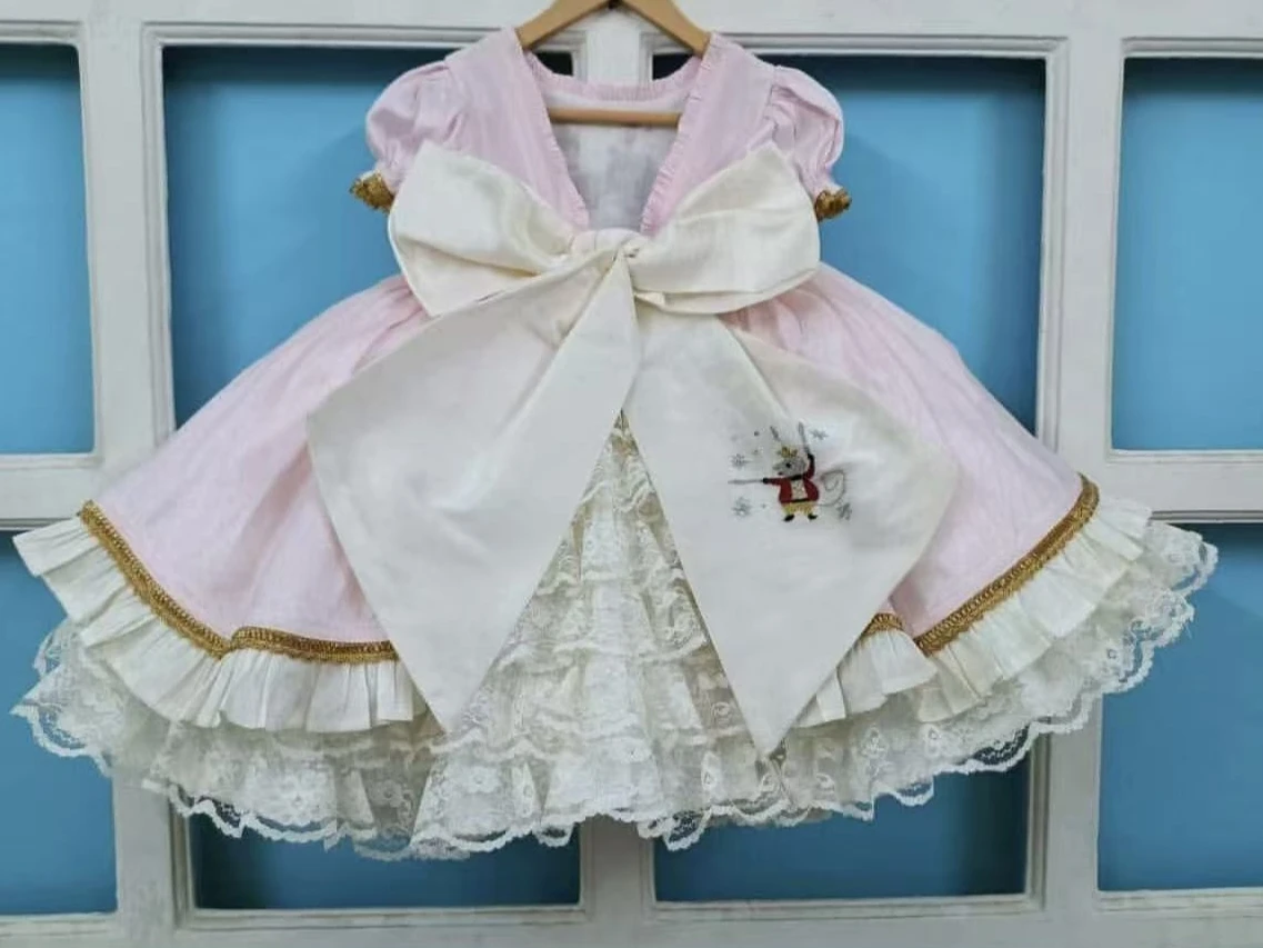 0-12Y Baby Girl Summer Elf Nutcracker Embroidery Vintage Princess Pink Dress for Birthday Photography Holiday Eid Christmas B477