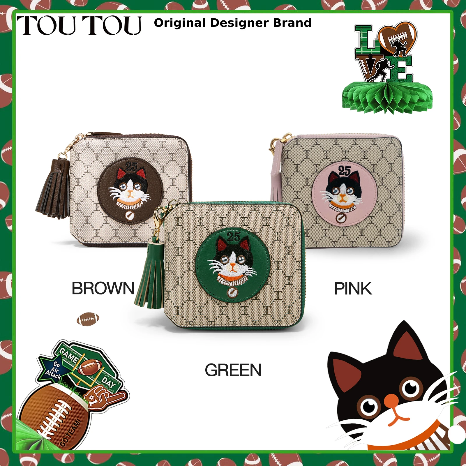 TOUTOU Women Purse Clutch Cute Cat Pattern Card Holder Passport Credit Card Leather Portable Zipper Multi-color Wallet Female