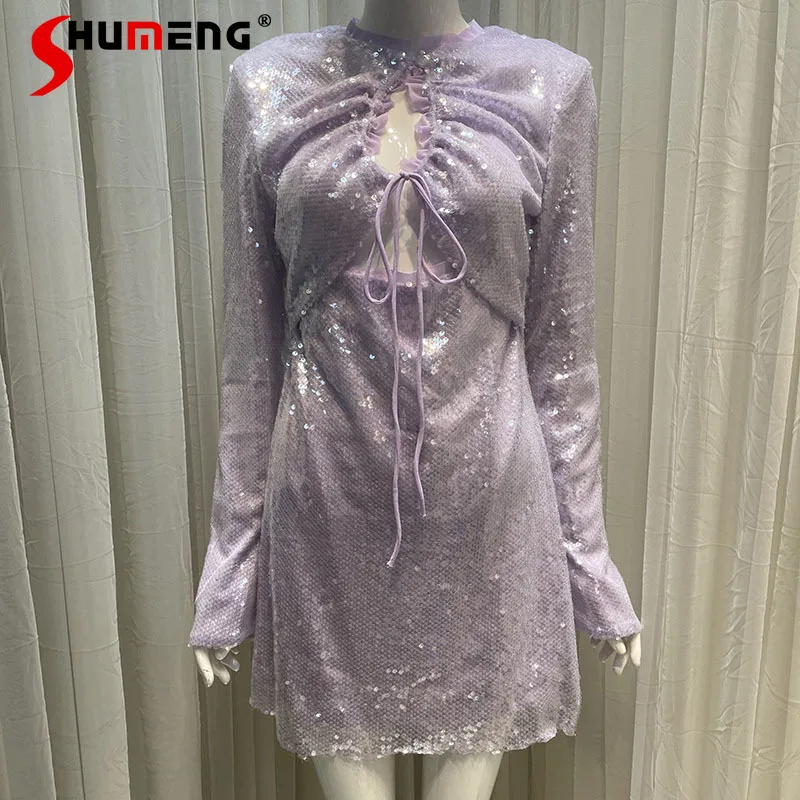 

2023 New Dress Sequined Ruffled Tied V-neck Dress Slim-Fit Graceful Long Sleeve Hollow Dresses Birthday Party Vestidos For Women