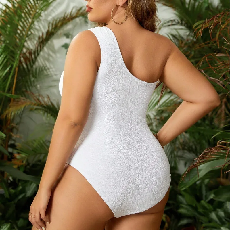 Plus Size One‑Piece Swimsuit One‑Shoulder Cutout Textured Fabric  Tummy Control Slim Bathing Suit For Women Beach Pool Vacation
