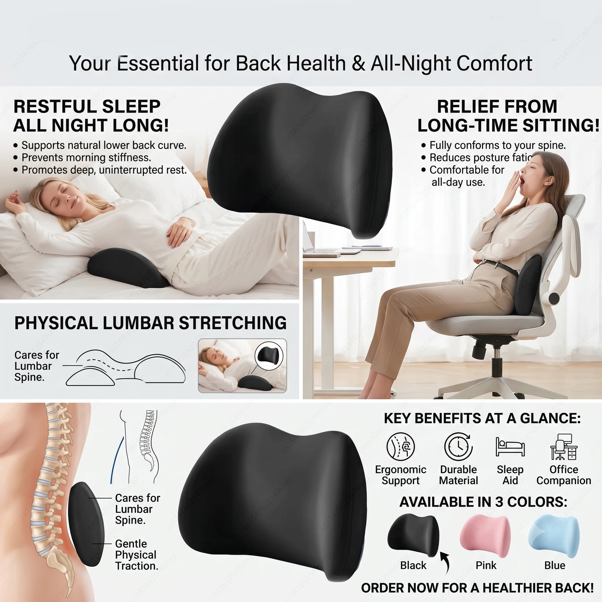 Office Lumbar Support Cushion Sleep Lumbar Pillow Ergonomic Soft Comfortable Memory Cotton Bed Lumbar Protrusion Back Support