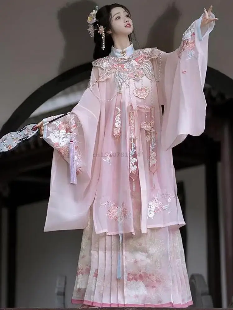 Women Ming Hanfu Stand Collar Top Skirt Set Cloud Shoulder Pink Floral Embroidery Chiffon Sweet Ancient Chinese Cosplay Photo
