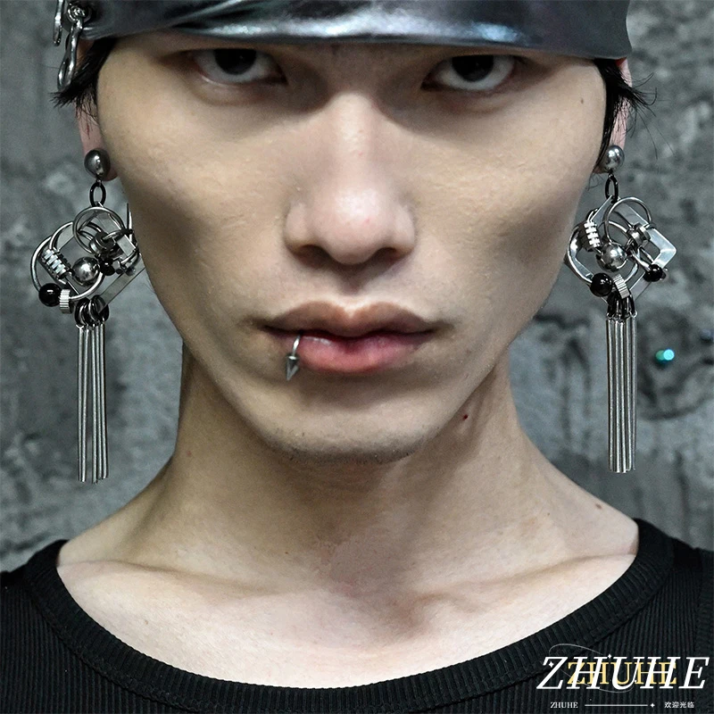 

Punk Style Geometric Assembled Jewelry Accessories Ear Dangle for Men and Women, Unique Statement Earring with Tassel Design
