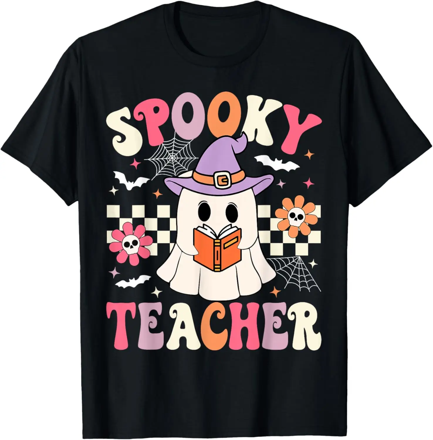 Groovy Spooky Teacher Ghost Retro Floral Teacher Halloween T-Shirt