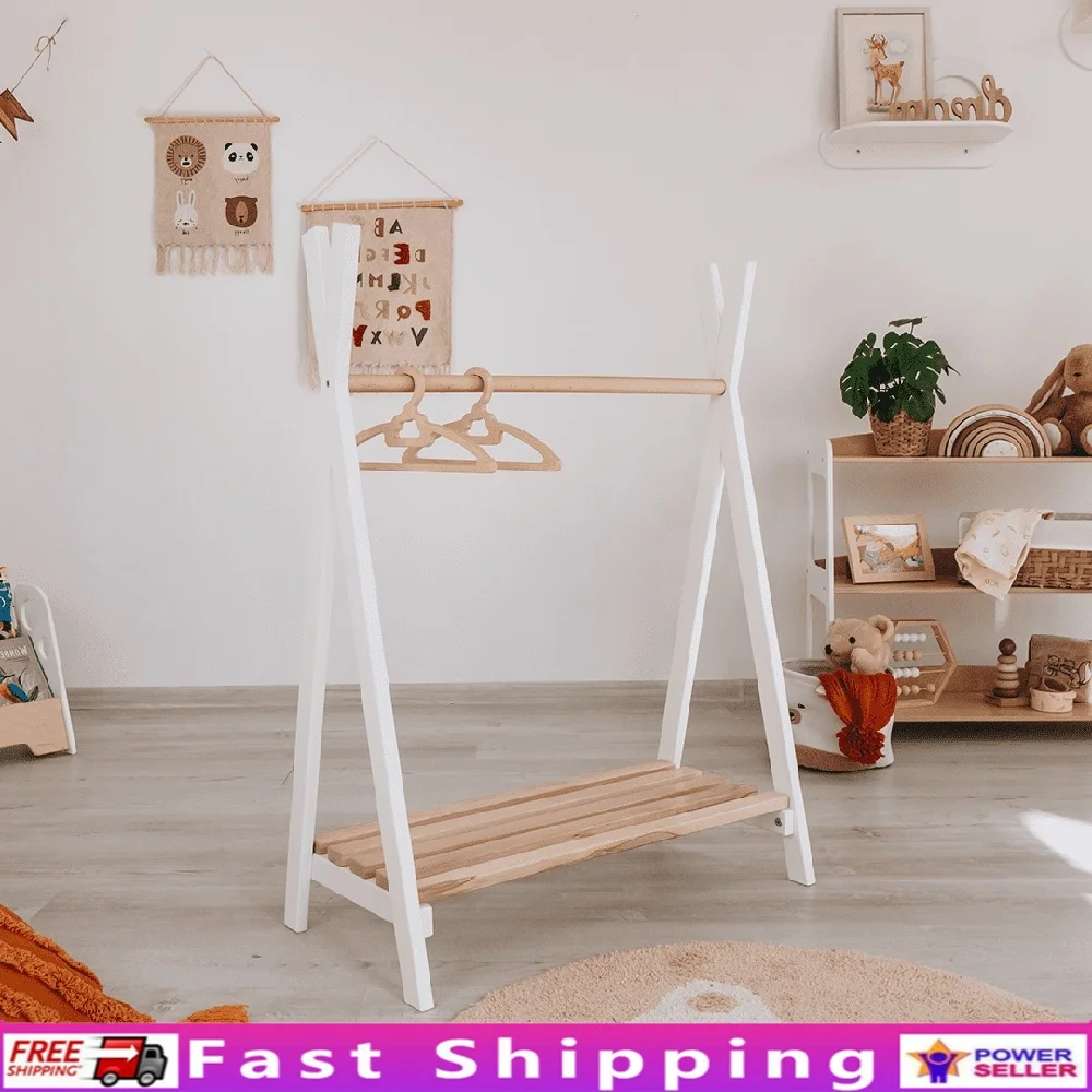 

Montessori Clothes Rack Toddlers Portable Teepee Stand White Natural Wood Educational Storage Solution Kids Accessories