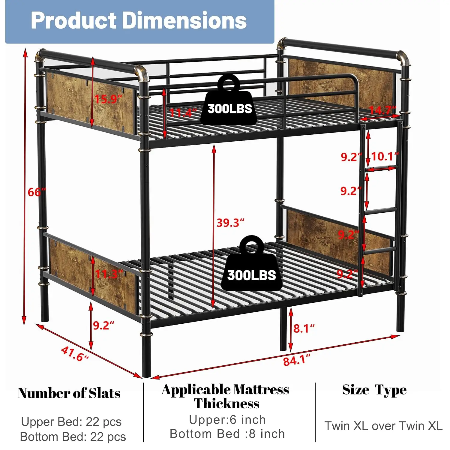 Twin XL Over Twin XL Bunk Bed, Industrial Detachable Bunked Frame with Soft Ladder Rung Cover and High Guardrails,, Customized