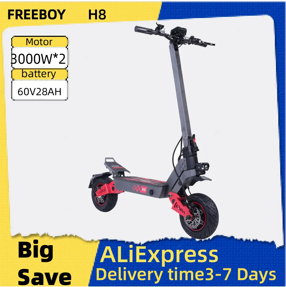 

FREEBOY H8 11 Fat Tire E-Mountain Scooter Adult Electric Scooter 3000W*2 Motor, 60V 28AH Folding E-Scooter