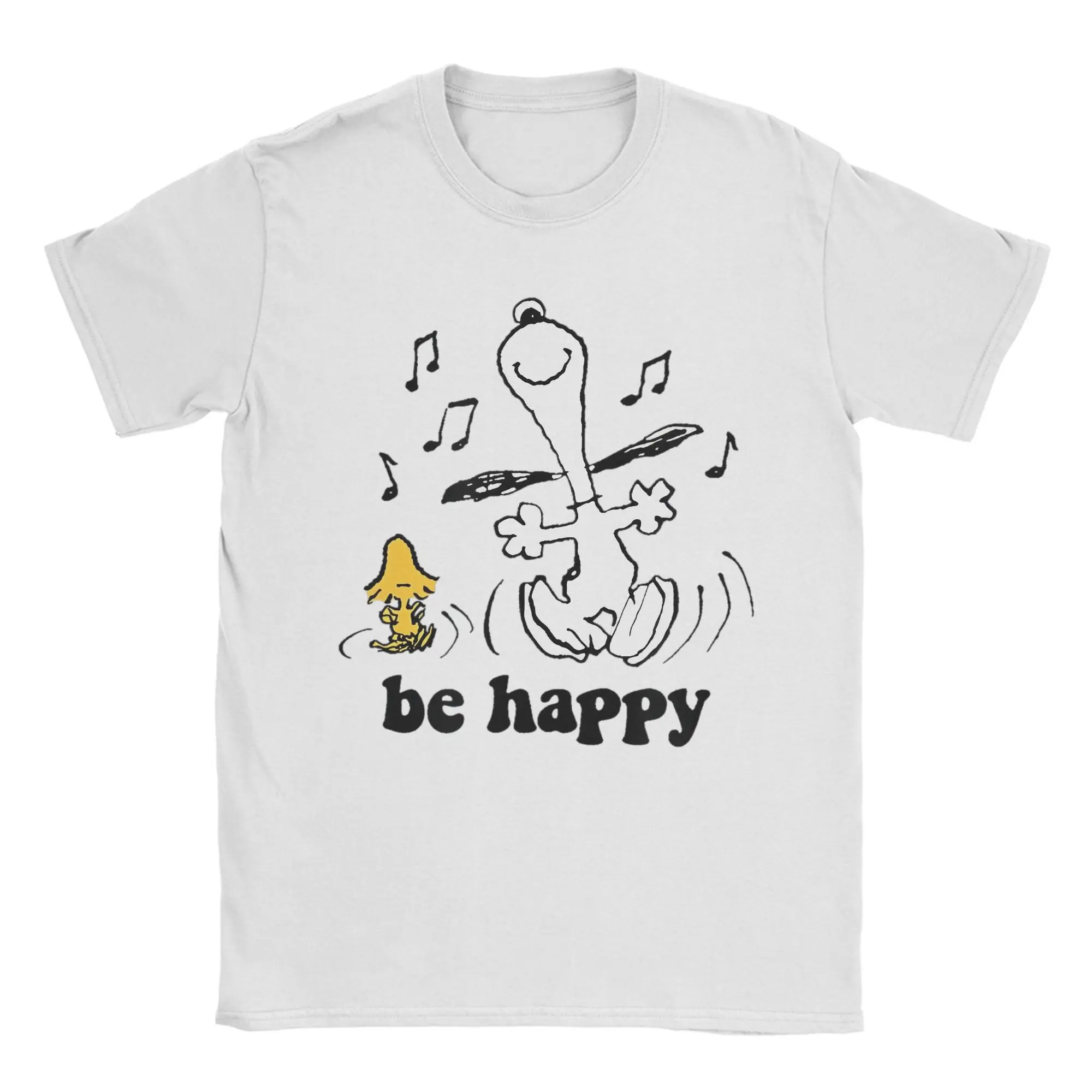 Camiseta Snoopy y Woodstock's Be Happy Dance para hombre, camiseta 100% de algodón, camiseta con cuello redondo, camiseta de dibujos animados, ropa de manga corta