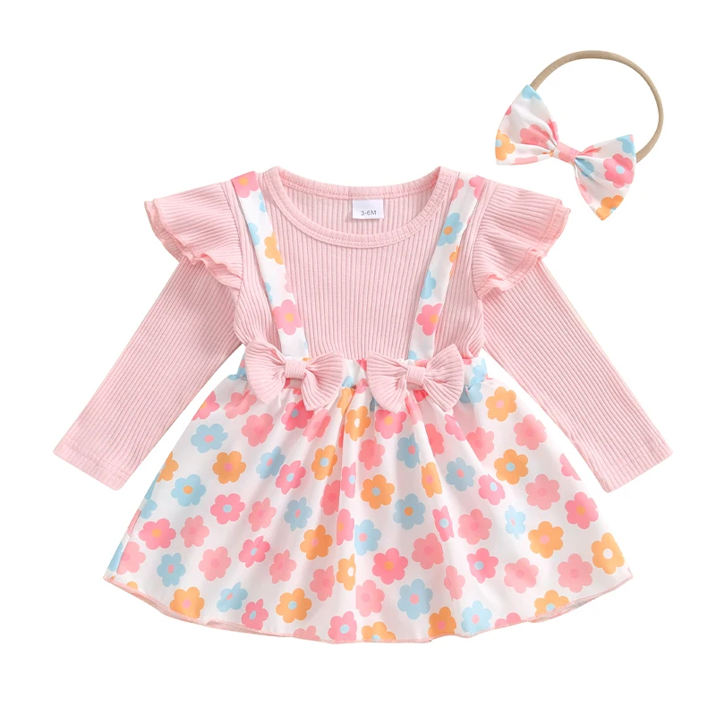 

Baby Girl Floral Romper Dress Ruffle Long Sleeve Ribbed Bodysuit Tutu Skirt Jumpsuit Headband Infant Fall Clothes