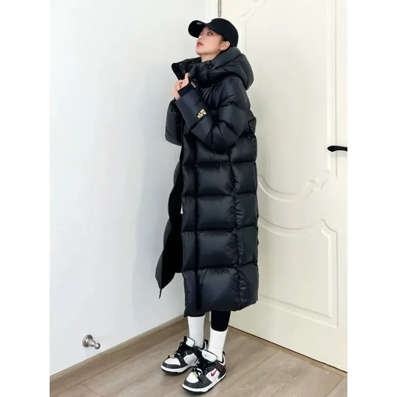 

Women's Parkas Loose Long Over The Knee Puffer Coat Black Gold Stand Collar Hooded Long Sleeves Zippers Warm Women Clothing