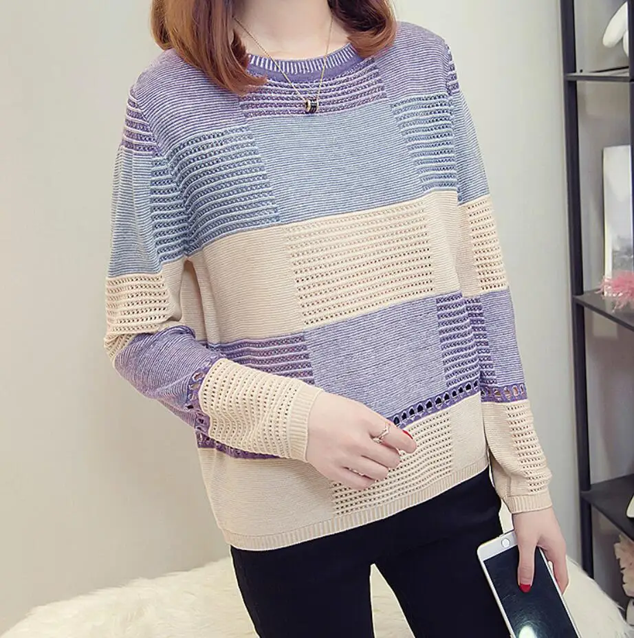 

New Autumn/Winter Fashion Long Sleeve Round Neck Stripe Color Matching Loose Kintted Sweater For Women,5 Colors