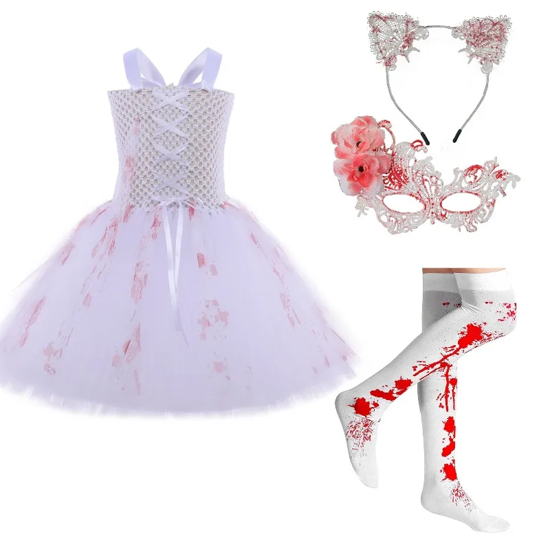 Girls Horror Bride Costume, Blood-stained Tulle White Puffy Skirt, Kids Halloween Stage Performance Outfit, Carnival Party Set