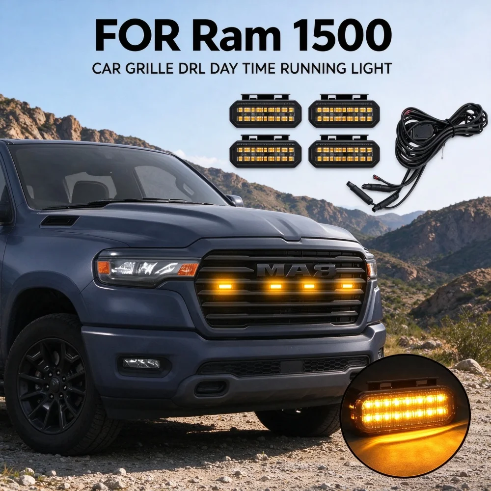 For Ram 1500 Truck LED Amber Front Grille Marker Lights Waterproof Raptor Style Grill Warning Lamp Accessories（With Remote）