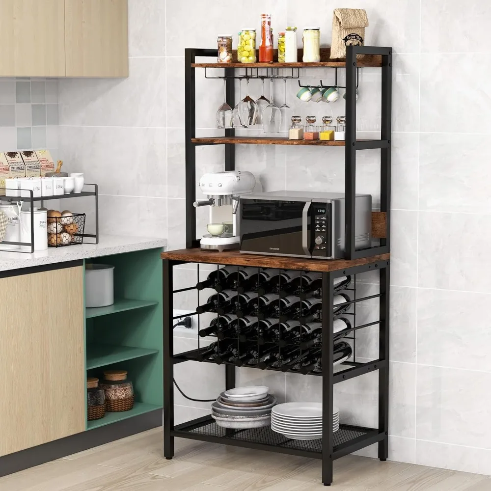 

Bakers Rack with Storage Hutch, Power Outlet & USB Port, Coffee Bar 24-Bottle Wine Rack & Glass Holder, 4.9FT Power, Customized