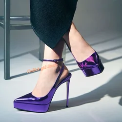 Platform Purple Sexy Pointed Toe Pumps Ankle Buckle Strap Satin Stiletto Thin High Heel Fashion 2024 Spring Women Shoes