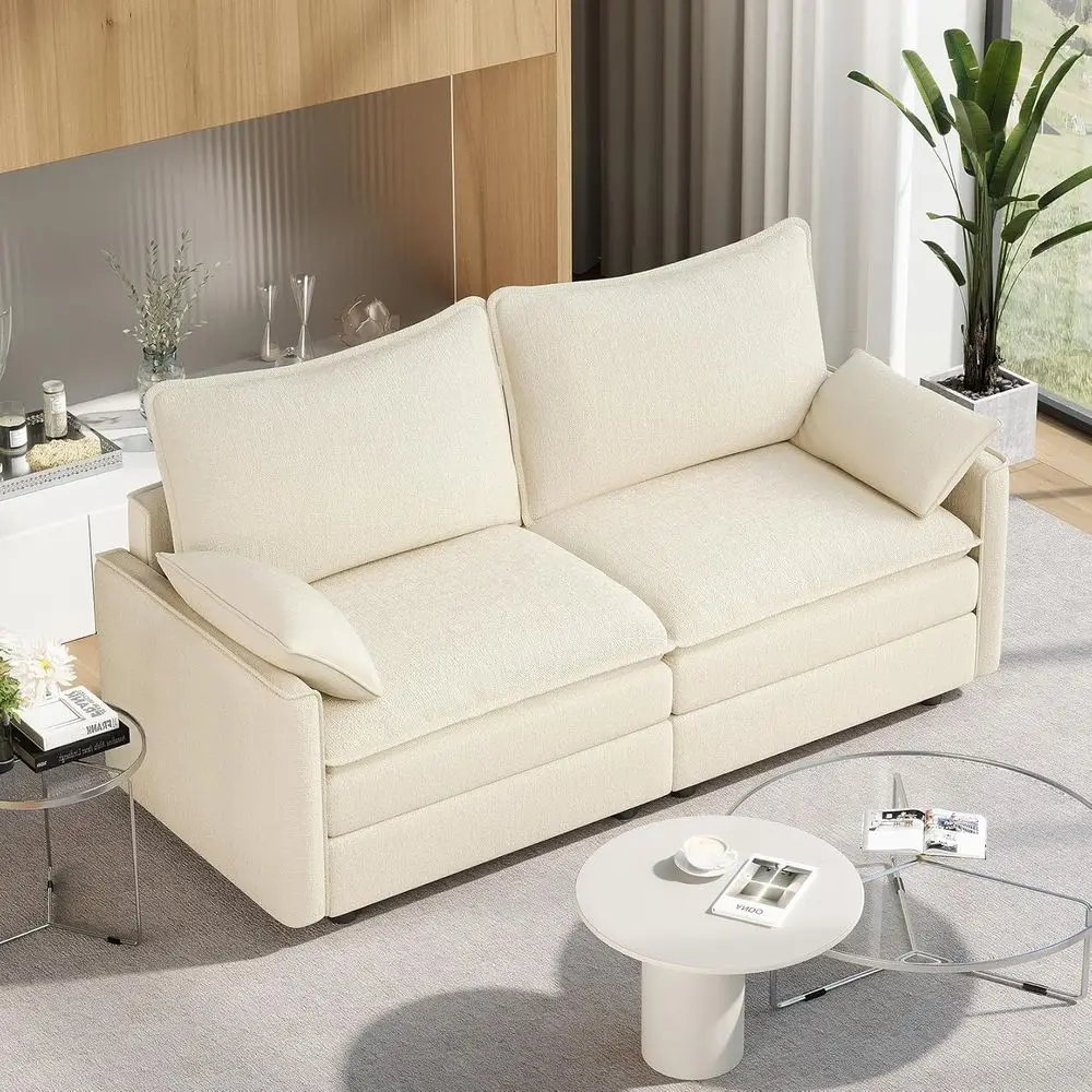 

74 Sectional Sofa with 2 Pillows, Chenille Fabric, Ideal for Living Room, Office, and Bedroom, White
