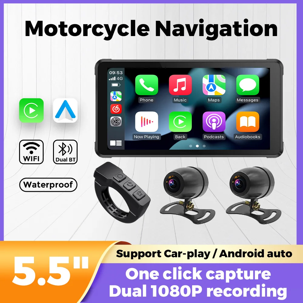 

Navifly 5,5 "экран мотоцикла, беспроводной Carplay, Android, автодисплей, портативный мотоциклетный GPS-навигатор, IP67, водонепроницаемый