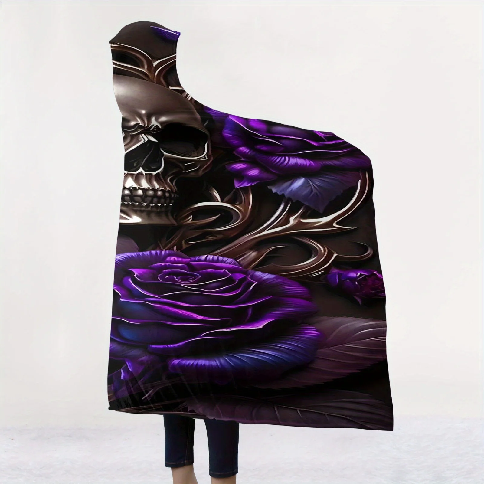 1pc Skull And Purple Rose Art Interwoven Comfortable Hooded Blanket Soft And Warm Fleece, Digital Print | Suitable for Sofa