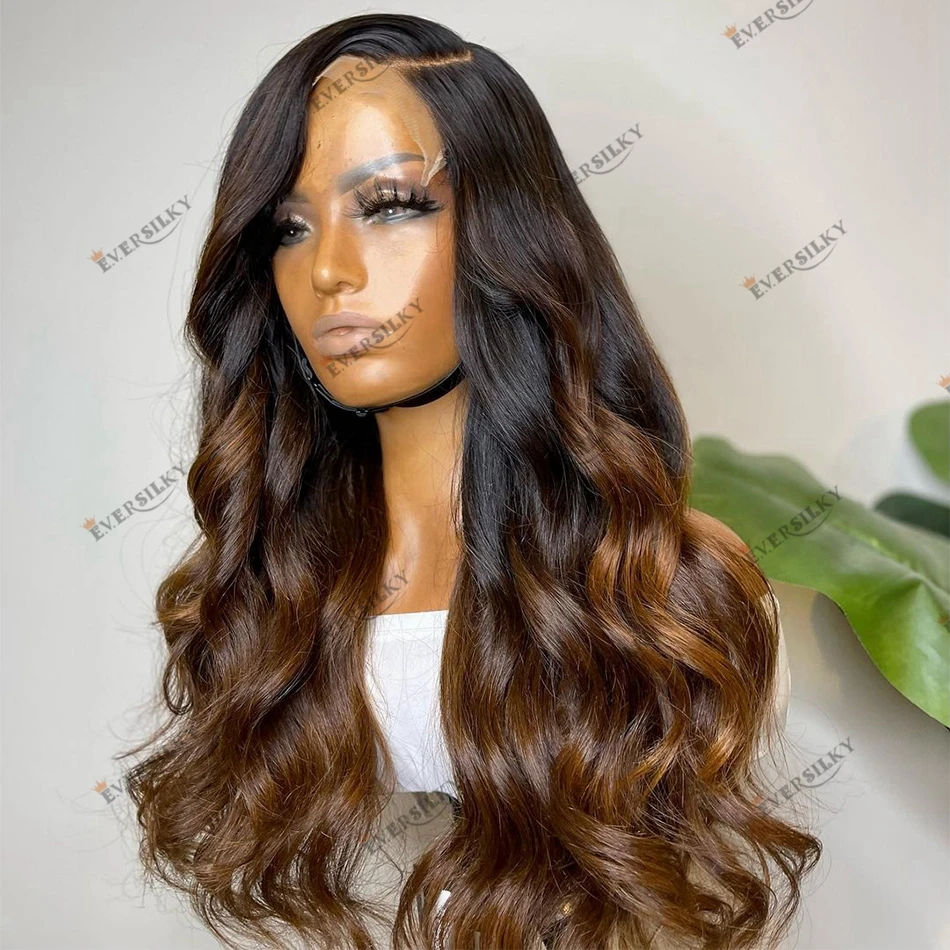 Peruvian Human Hair Body Wave Ombre Brown 360 Lace Frontal Wig for Women Side Part 200 Density Remy Hair Lace Closure Wig