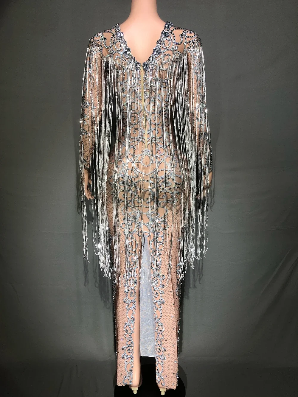 Robe Longue à Franges et Paillettes pour Femme, Tenue de Soirée, Mariage, Bal, Anniversaire, Strass, Séance Photo sur Scène