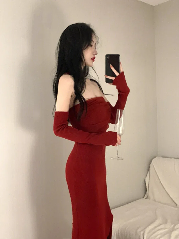 Hanging Neck One Shoulder Skirt Long 2023 Winter Waist Slim Wrap Hip Party es Women Dress Vestidos Para Mujer