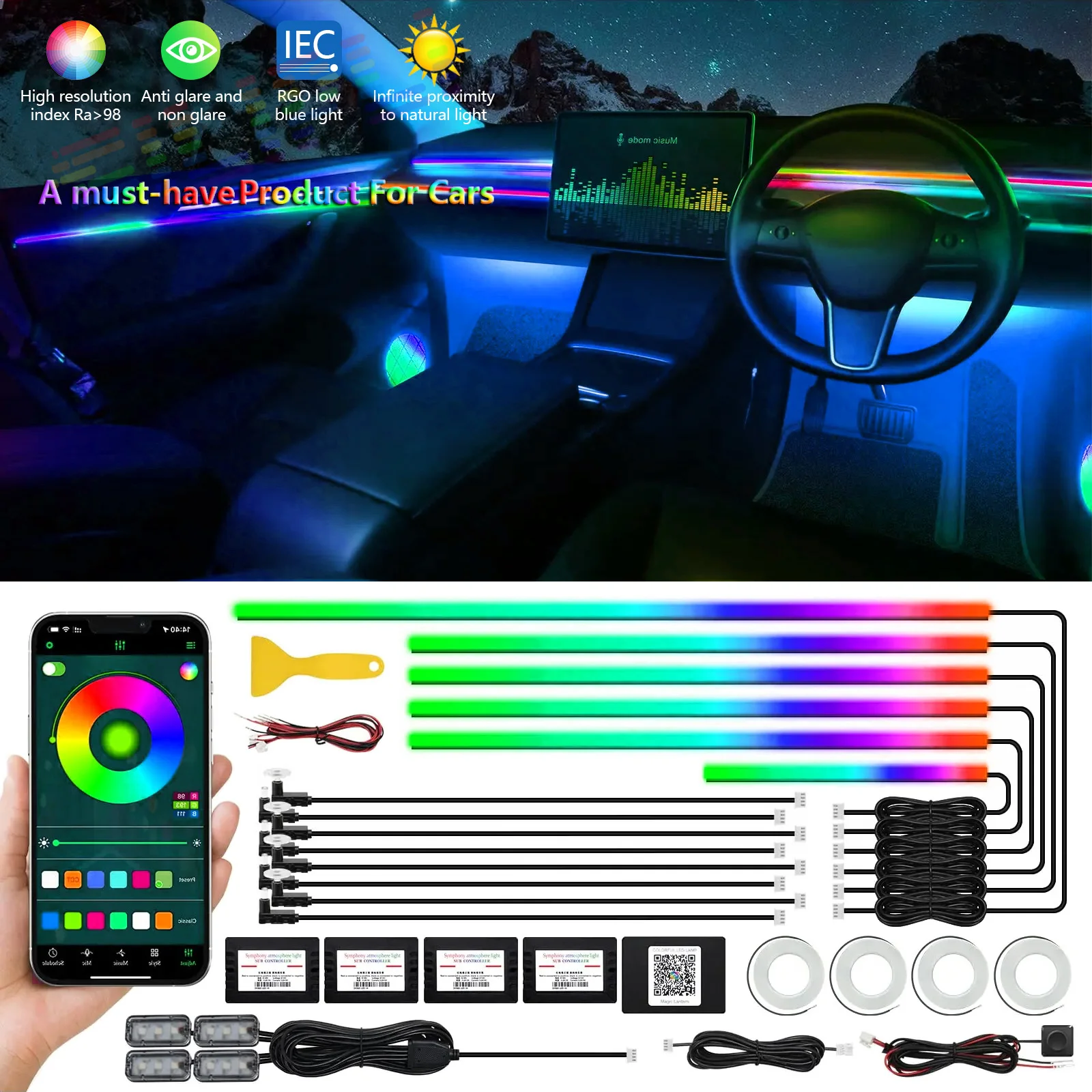 Symphony-luces LED de ambiente para coche, lámpara de ambiente de decoración, 18 en 1, Universal, 64 RGB, Streamer colorido, Con