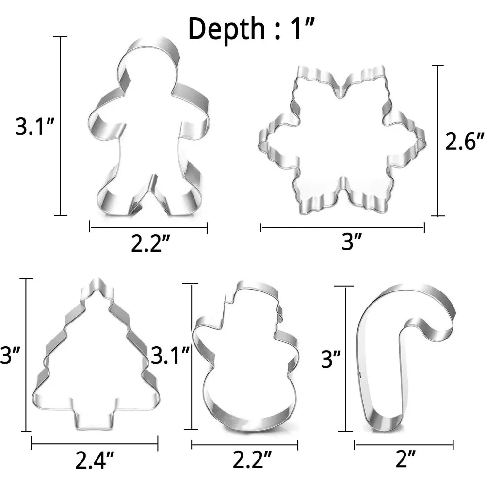 5-Piece Christmas Cookie Cutter Set - Snowman, Tree, Gingerbread Man, Candy Cane, Snowflake Shapes