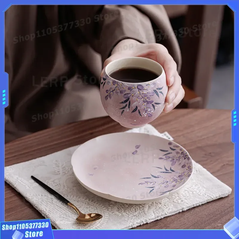 Handmade Wisteria Flower Espresso Cup Set Ceramic Office Tea Mug Personal Coffee Cup Unique Floral Design Drinkware for Home