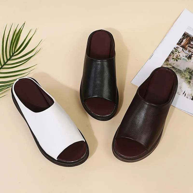 Plus Size 35-44 Shoes for Women Summer Leather Platform Slippers Wedges Peep Toe Outdoor Beach Sandalias Mujer Women Slippers