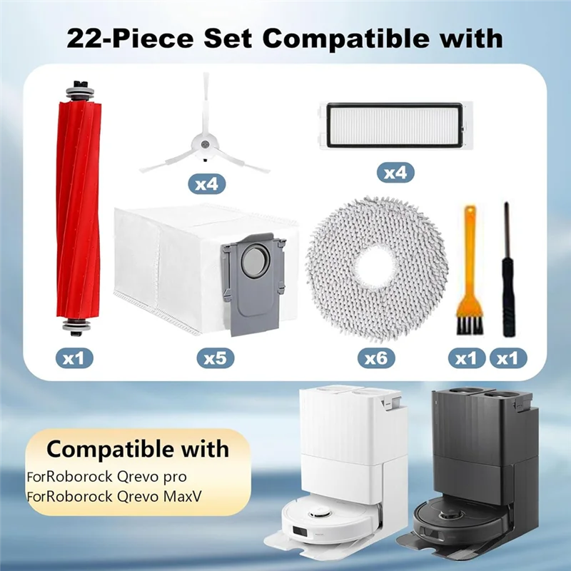 AT28-22PCS Części zamienne do robota odkurzającego Roborock Qrevo S, Qrevo Pro, Qrevo Maxv: szczotka główna, szczotki boczne, filtr HEPA, worek na kurz
