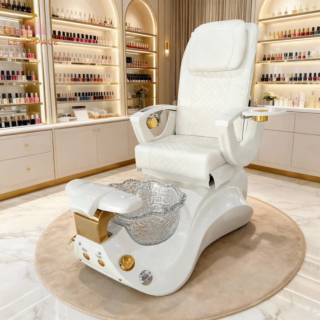 

Педикюрное кресло Golden White Spa с автоматическим сливом и безканальной системой струйной подачи воды для использования в салонах