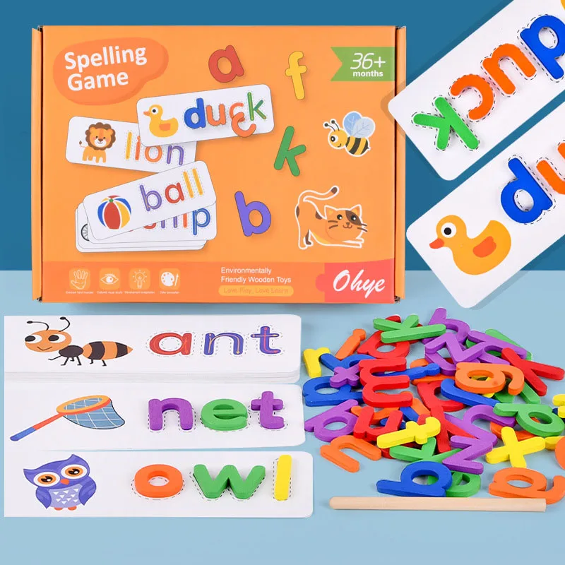 26 tarjetas de reconocimiento de letras en inglés, juego de deletreo y emparejamiento, juego de deletreo de palabras, juguetes educativos para niños, juego de mesa