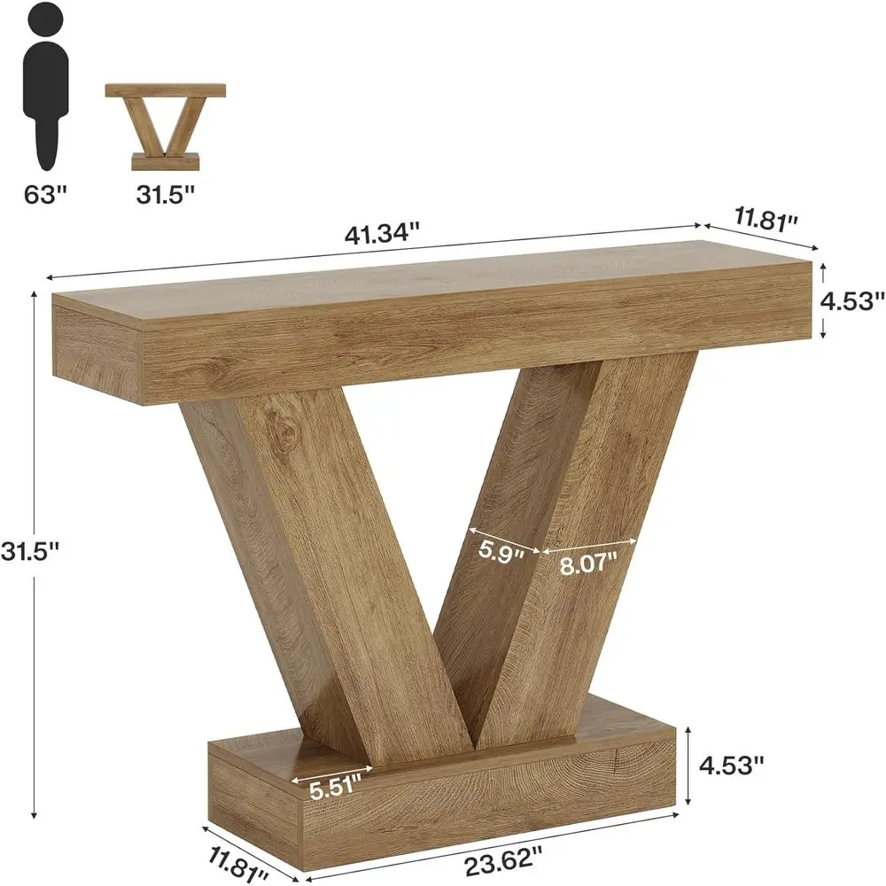 Mesa de entrada con patas en V, 41,3 de alto, adecuada para salón, pasillo y entrada, acabado marrón