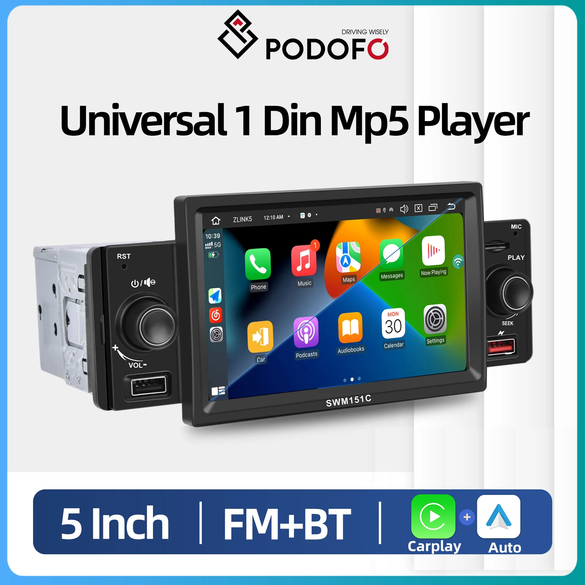 Podofo-Android Auto Multimedia Player Car Radio 1 Din 5 