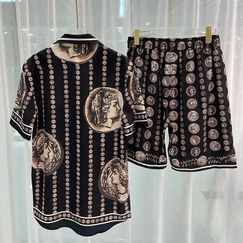 Conjunto de Camisa Hawaiana de 2 Piezas para Hombre, Diseño Vintage con Estampado de Personajes, Ropa de Lujo Royal para Hombre, Estilo Casual