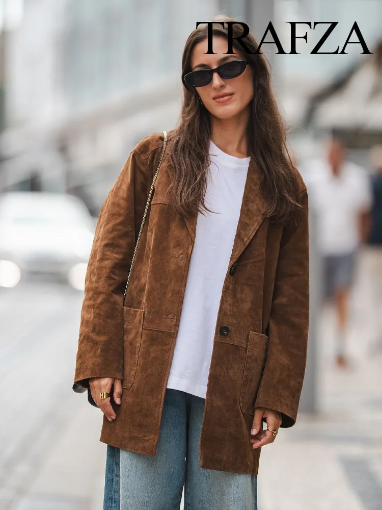 

TRAFZA Woman Fashion Single-breasted Casual Loose Vintage Street Jacket Women Chic Lapel Long Sleeve With Pockets Autumn Coat