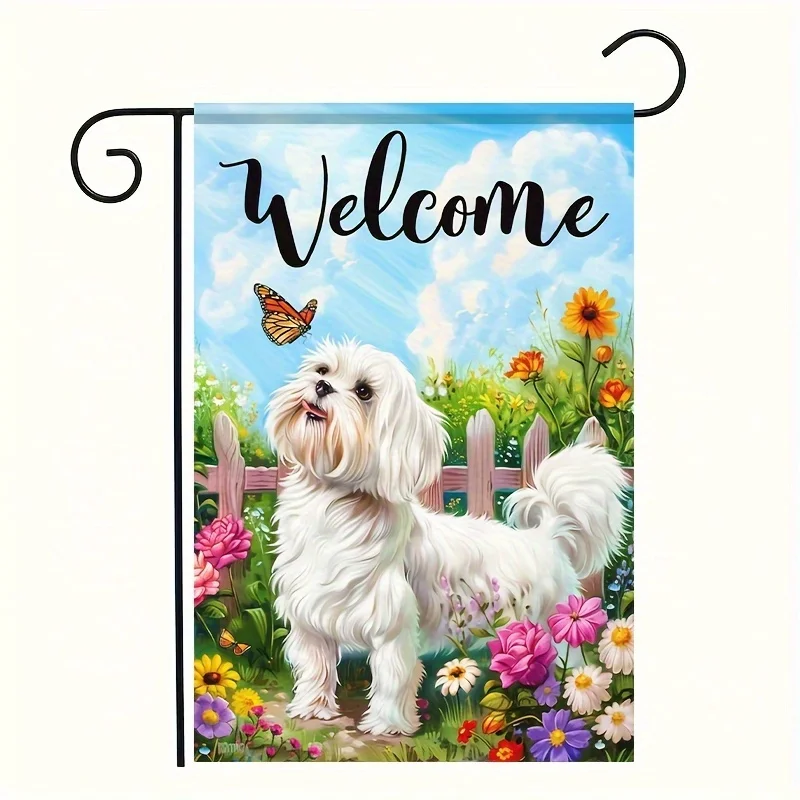 

1 Charming Maltese & Butterfly Welcome Garden Flag - Double-Sided, Durable Polyester, All-Season Outdoor Decor, 12x18 Inches, Fl