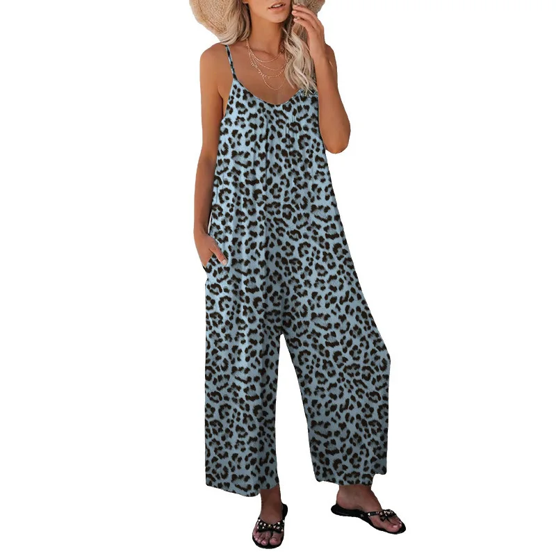 Fashion Leopard Print Spaghetti Strap Women Jumpsuits Sexy High Waist Pockets Lady Female Casual Loose Wide Leg Rompers Overall