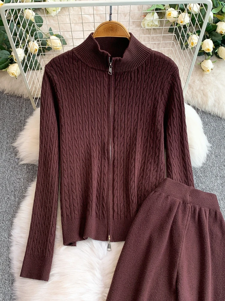 Ensemble deux pièces décontracté pour femmes, automne et hiver, doux et chic, fermeture éclair, tricot, col montant, manteau, taille haute, pantalon à jambes larges