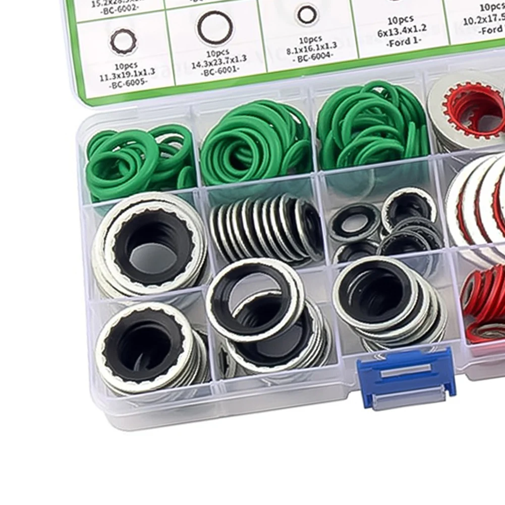 195PCS AC Seal Kit O Ring Assortment Gasket Washer For Car Air Conditioning Repair Nitrile Rubber Sealing Rings Tools