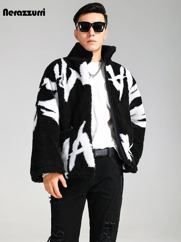 Nerazzzurri Autumn Winter Oversized Thickened Warm Soft White and Black Faux Fur Coat Men Stand Collar Zip Up Fluffy Jacket 2023