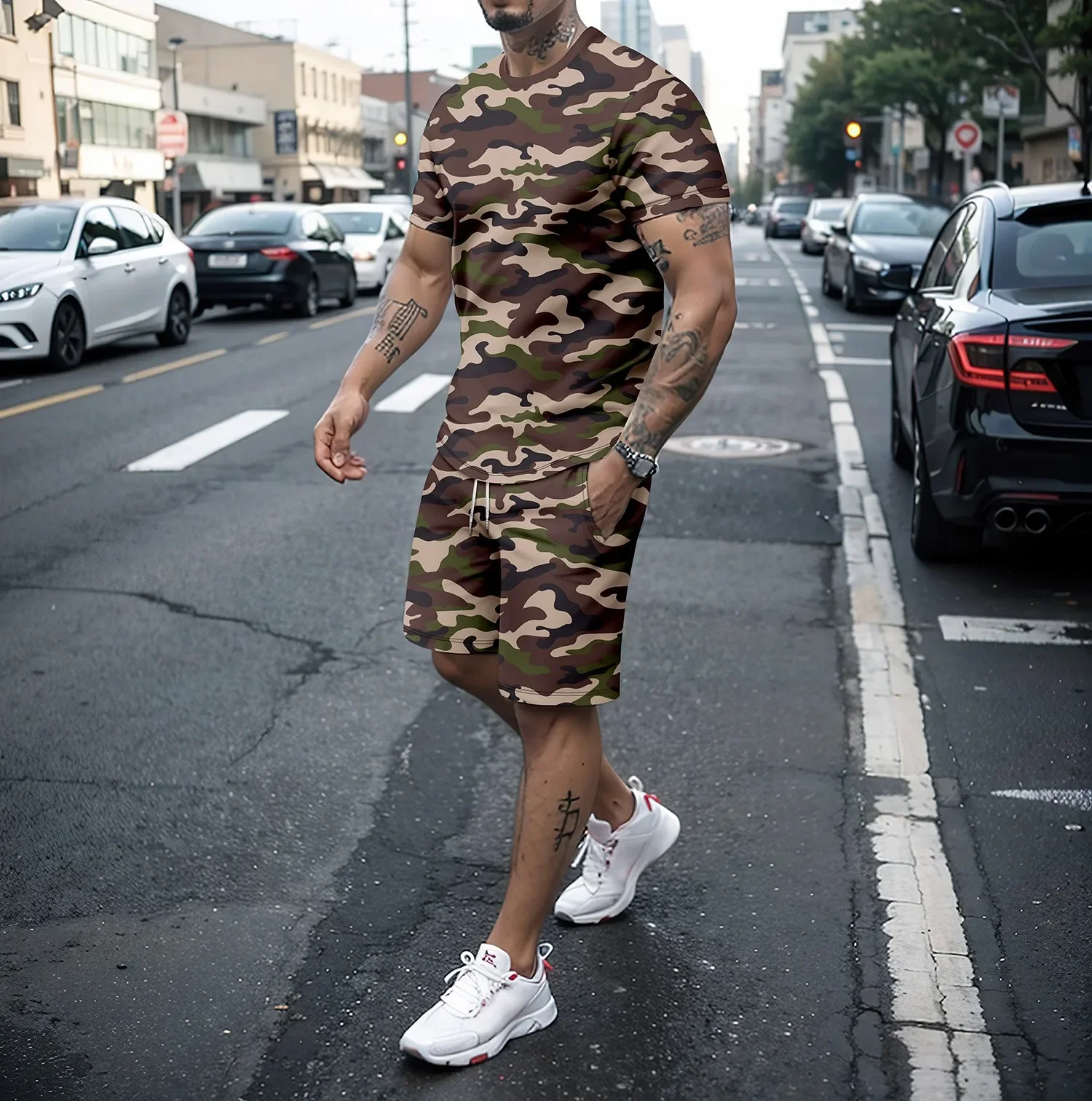 Homens camuflados com 2 peças de manga curta, shorts casuais de corrida, roupas de viagem ao ar livre, roupas 3D, novo, 2024