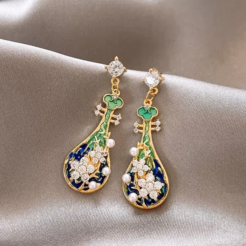 Steel Fun Chinese Style Pink Green Pipa Butterfly Earrings for Women Girl Vintage Chinese Knot Folding Fan Ethnic Style Ear Stud