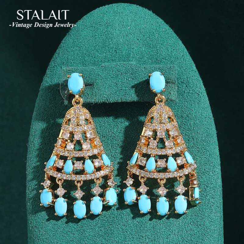 

Vintage Gold Color Blue Stone Zircon Earrings Drop Dangle Large Trend 2025 Bridal Accessories For Woman Luxury Wedding Jewelry