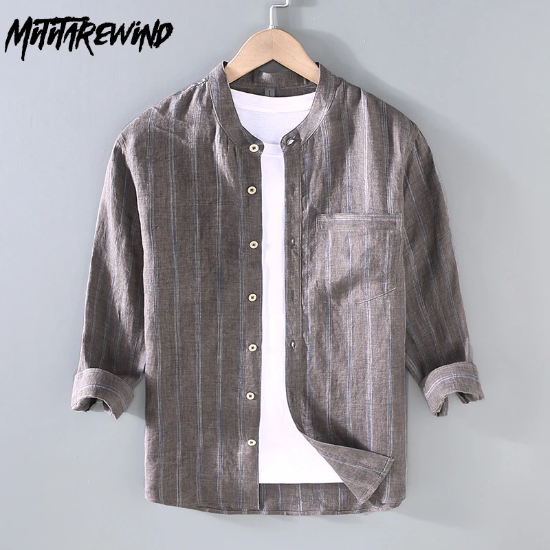 

100% Linen Shirts for Men Summer Daily Causal Three Quarter Shirts Vintage Clothes Stand Collar Striped Shirt with Pocket Loose