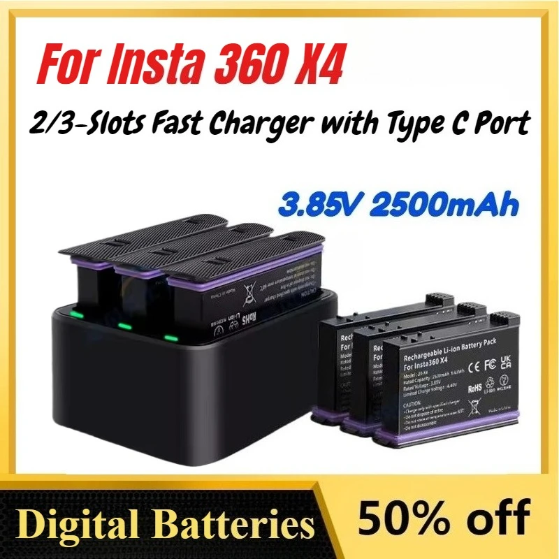 

NEW 3.85V 2500mAh Battery for Insta360 X4 + 23-Slots Fast Charger with Type C Port for Insta 360 X4 Action Camera Accessories
