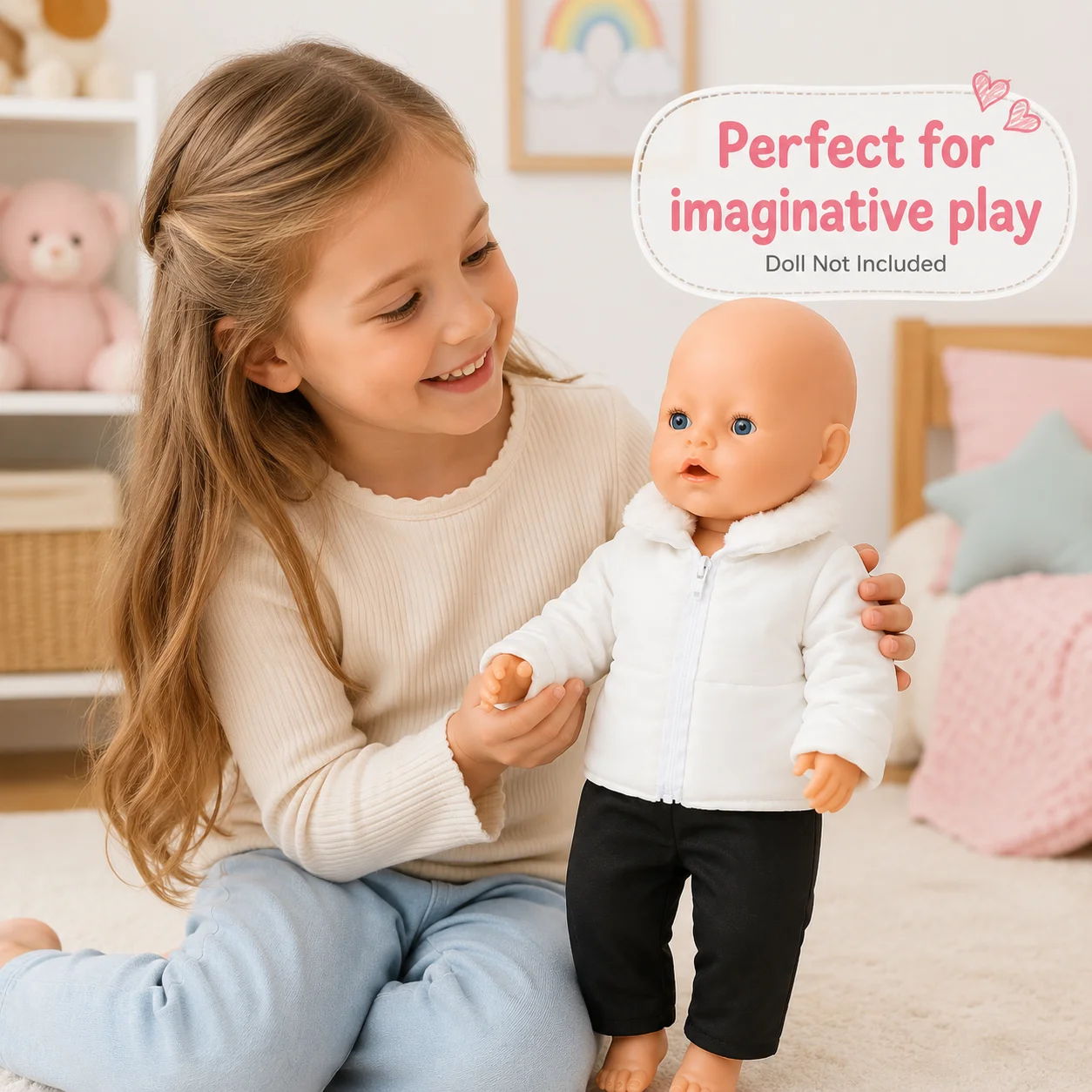 18inch American Girl Doll Clothes Set, White Down Jacket And Black Pants, Play House Doll Outfit, Plush Doll Clothes view 4