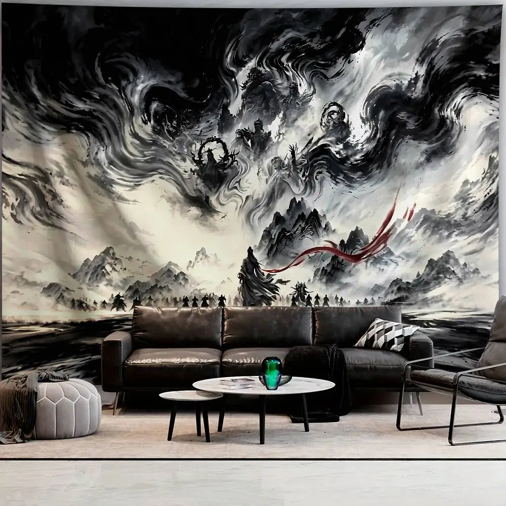 Fashion Ink Wash Painting Tapestry Wuxia Warrior Silhouette Red Ribbon Mountain Landscape Oriental Traditional Ink Study Room